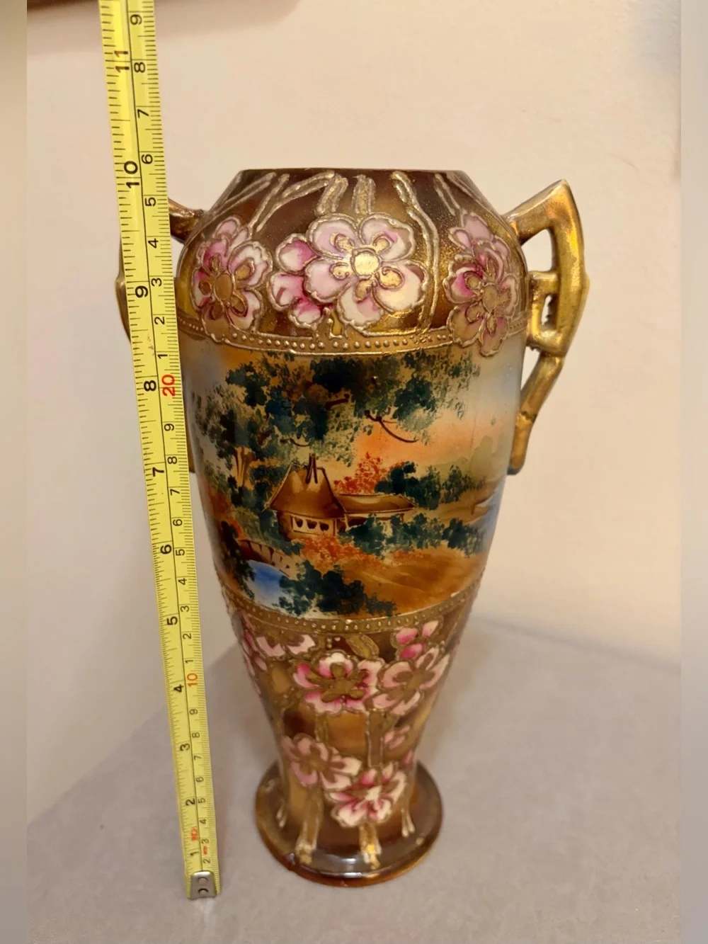 Japanese Nippon-Style Urn, Exquisite Moriage Florals & Landscape Antique 10 inch